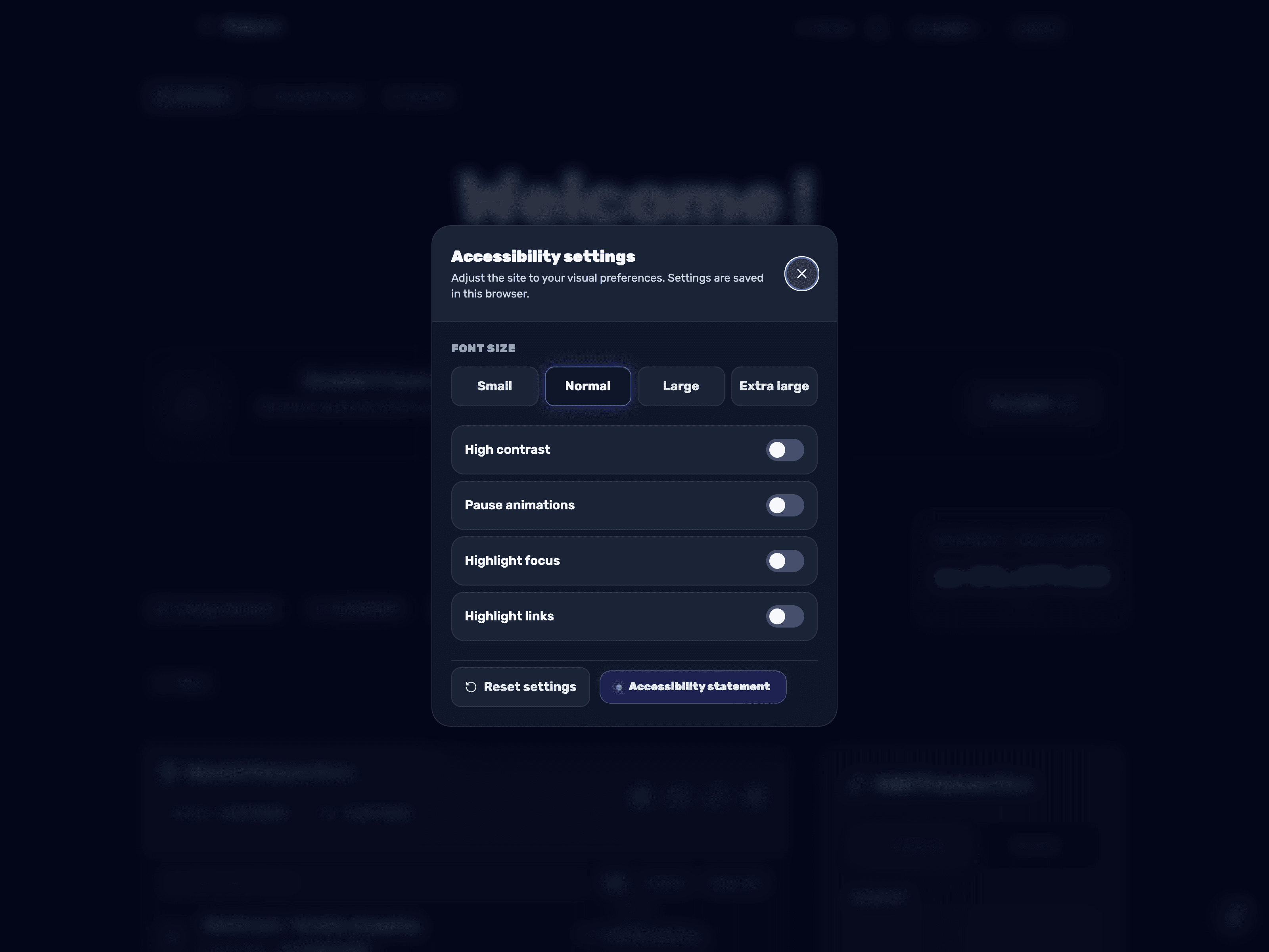 The Balansi accessibility settings panel with font size, contrast and highlight controls