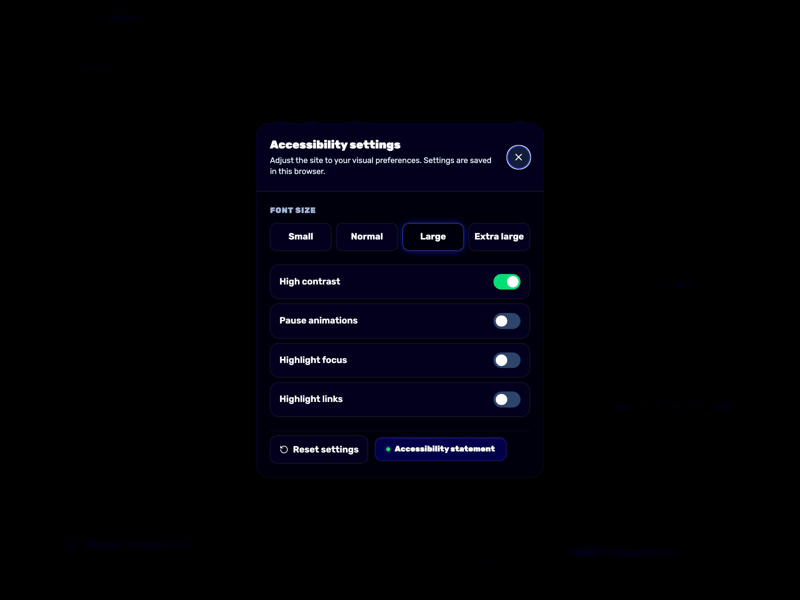 The accessibility settings panel with "large" font size selected and high contrast turned on