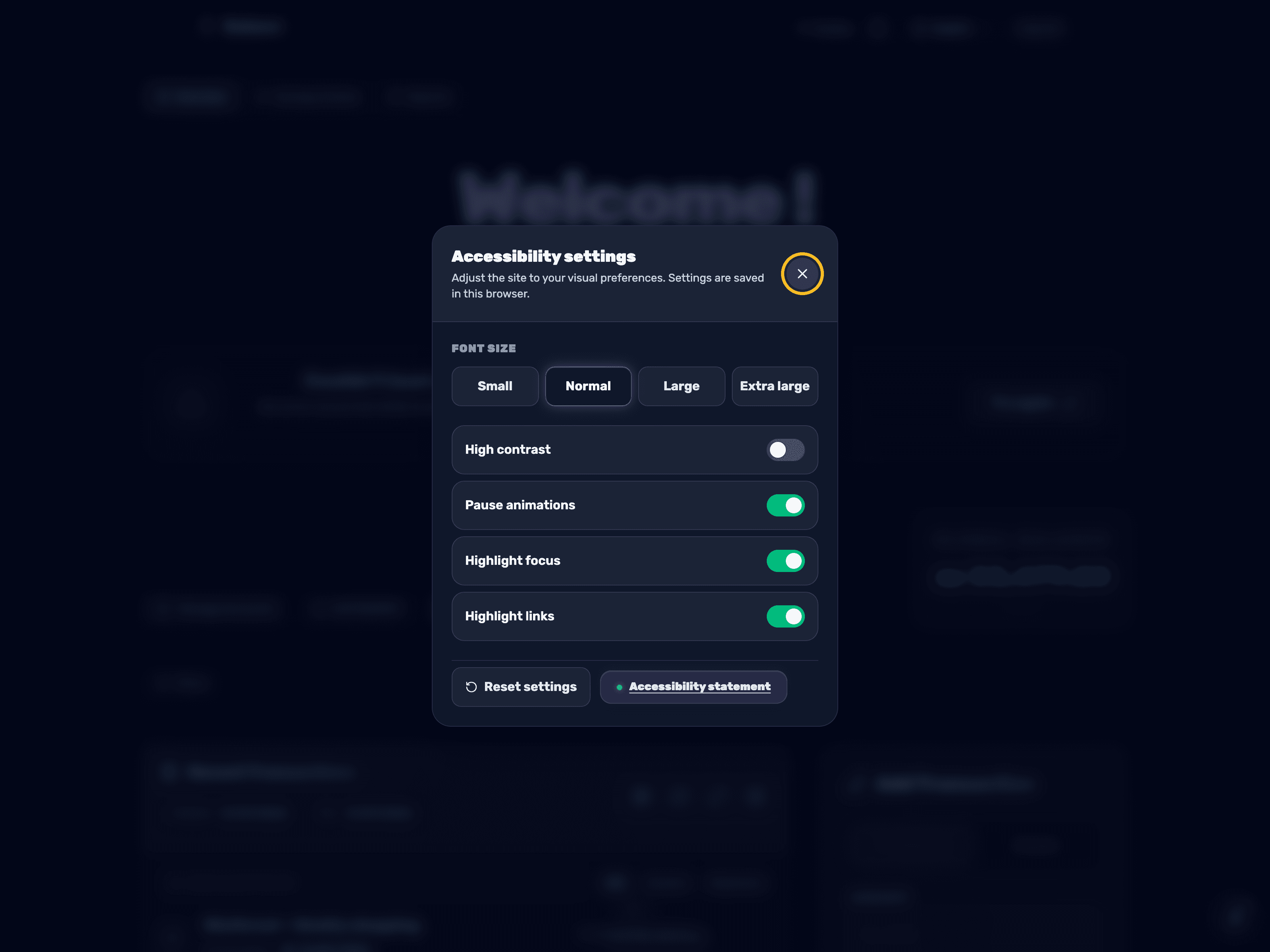 The accessibility settings panel with pause animations, highlight focus, and highlight links turned on, and the reset settings button below