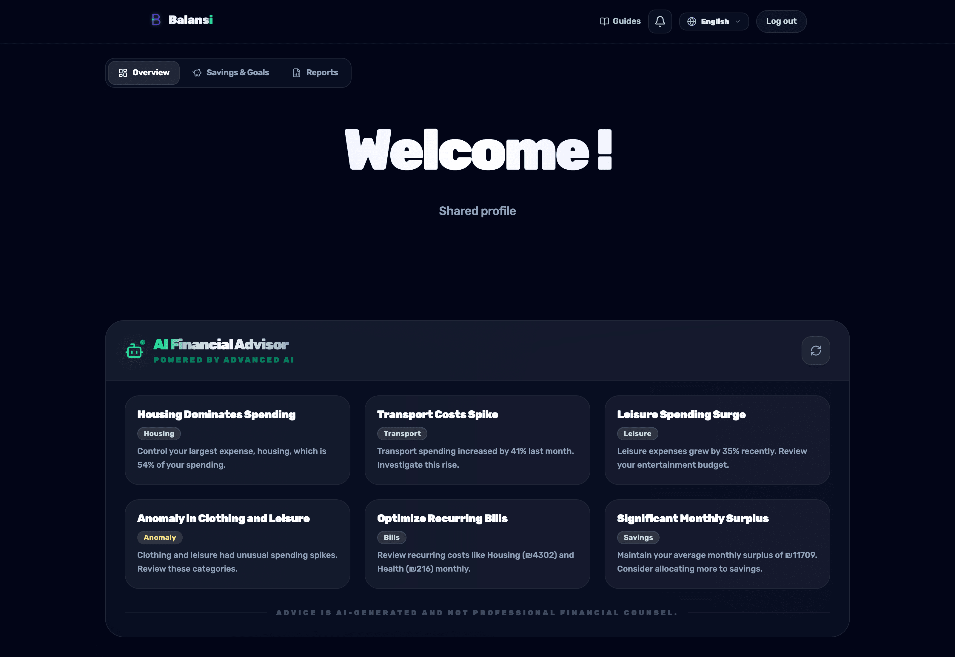 The 'Smart financial advisor' widget on the Balansi dashboard with insight and recommendation cards