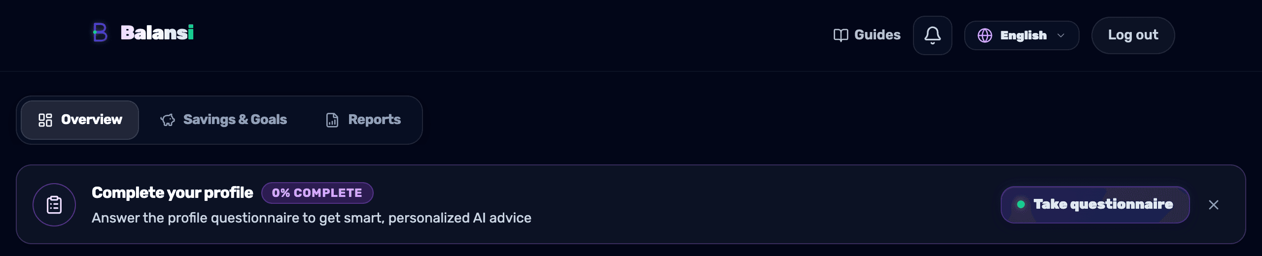 The 'Complete your profile' banner on the dashboard with the completion-percentage badge and the questionnaire button