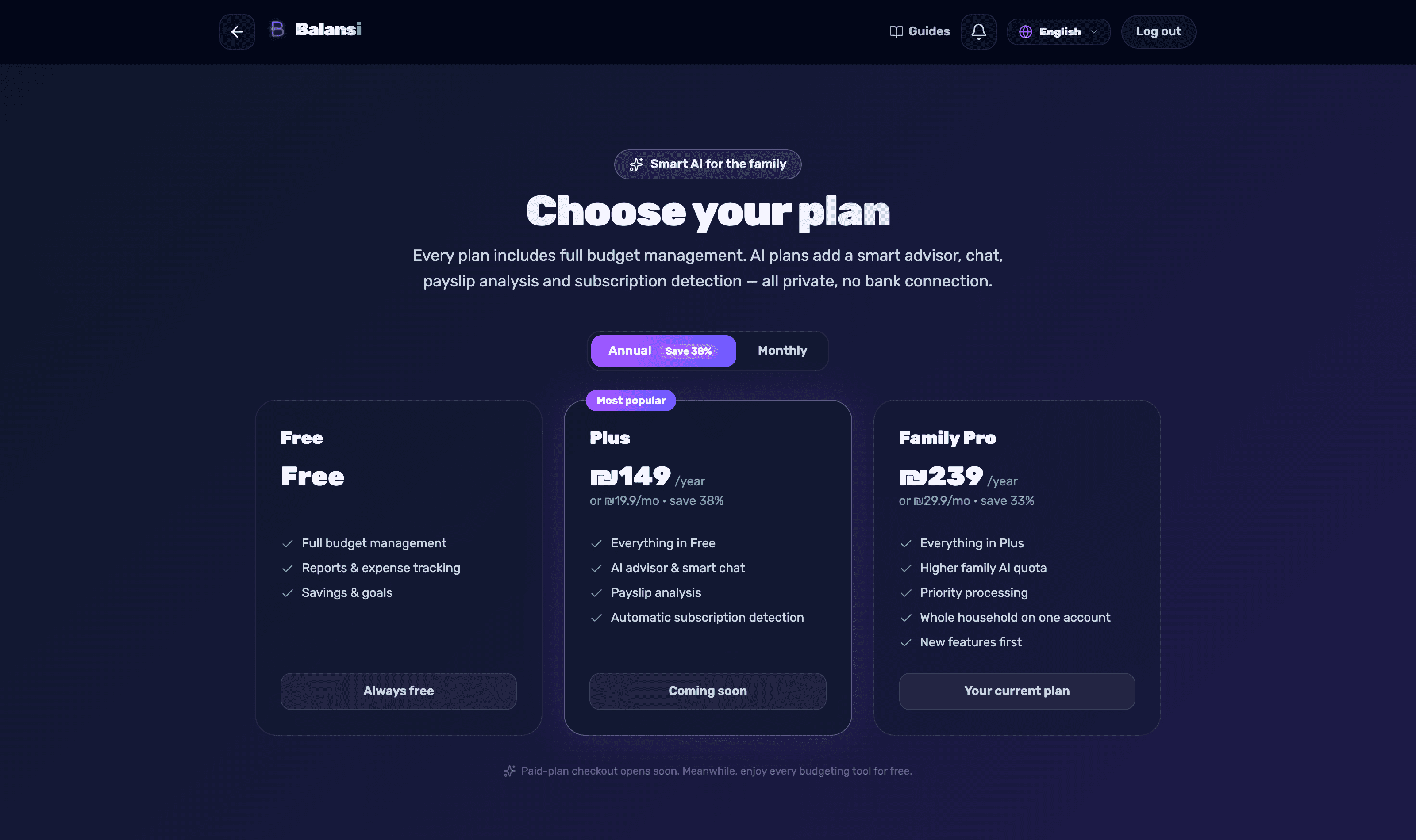 The 'Choose your plan' screen with the Free, Plus and Family Pro plan cards and their differences