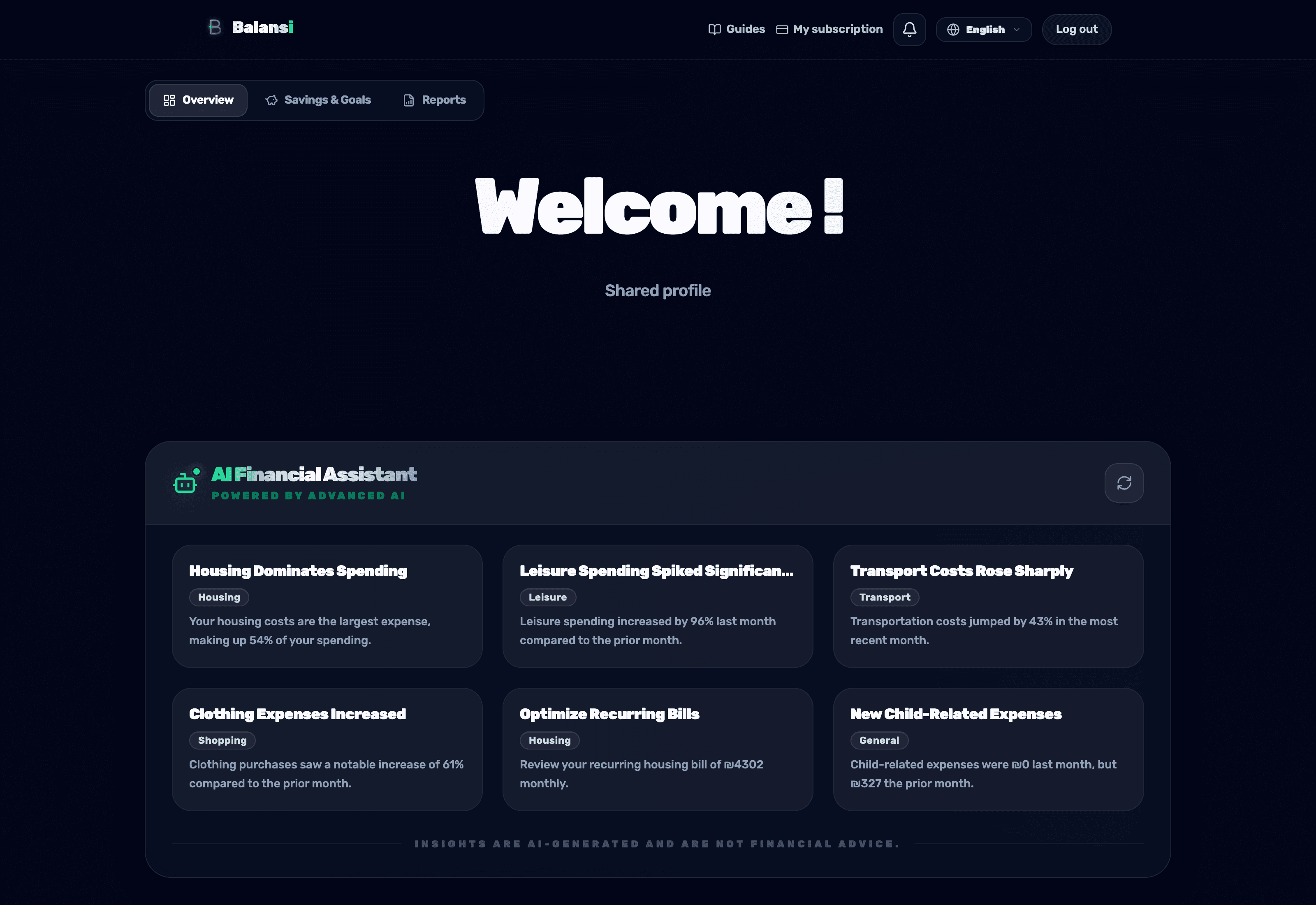 The 'AI Financial Assistant' widget on the Balansi dashboard with insight and recommendation cards