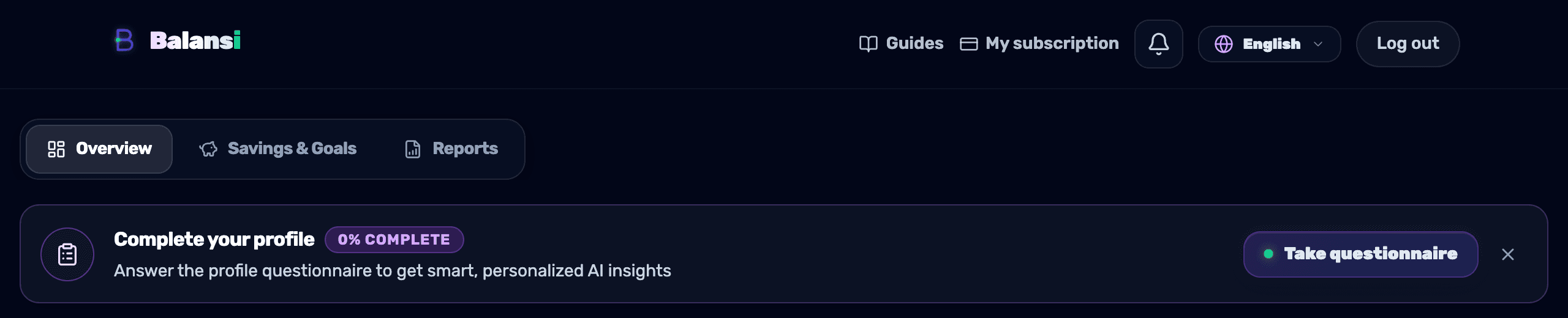 The 'Complete your profile' banner on the dashboard with the completion-percentage badge and the questionnaire button