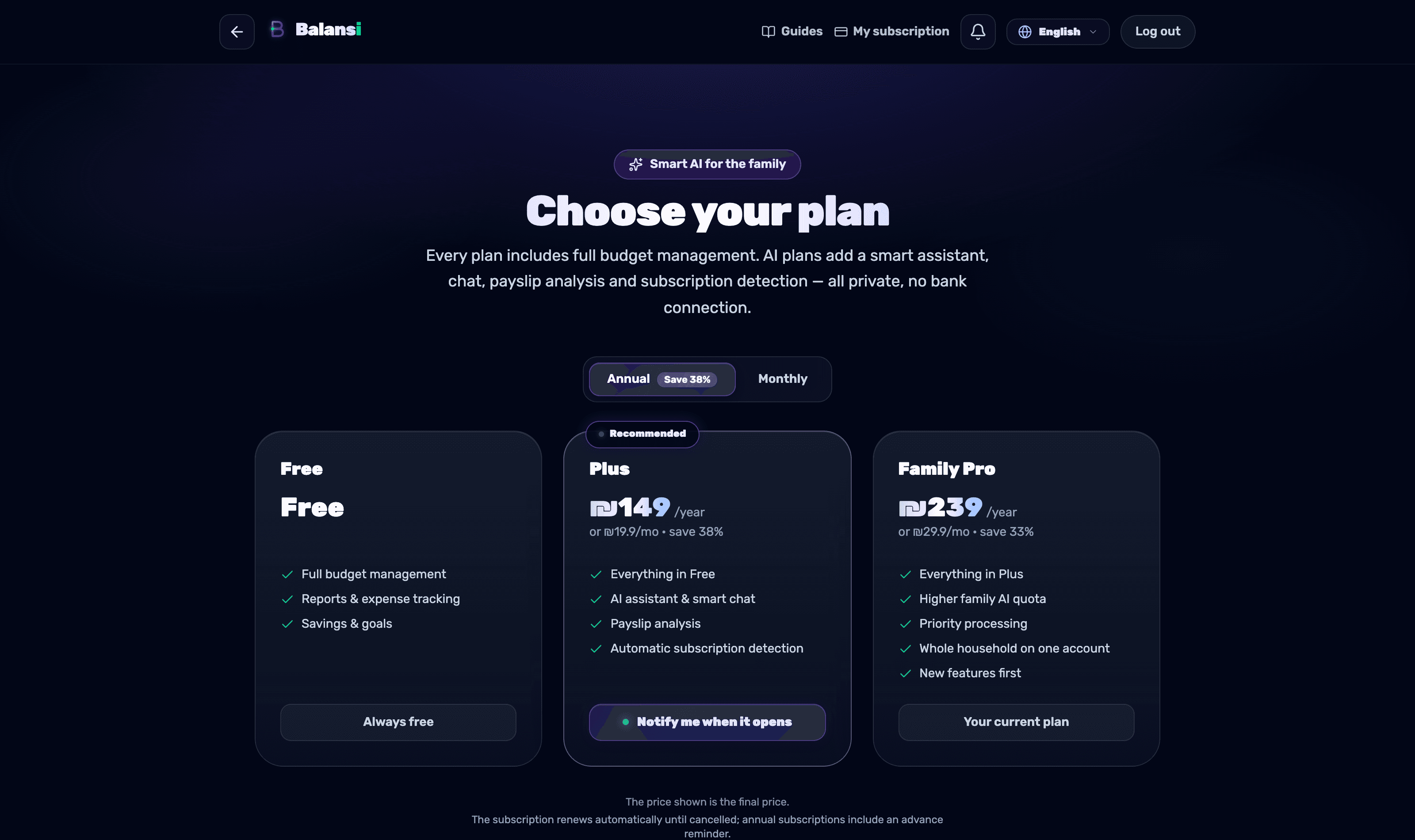 The 'Choose your plan' screen with the Free, Plus and Family Pro plan cards and their differences
