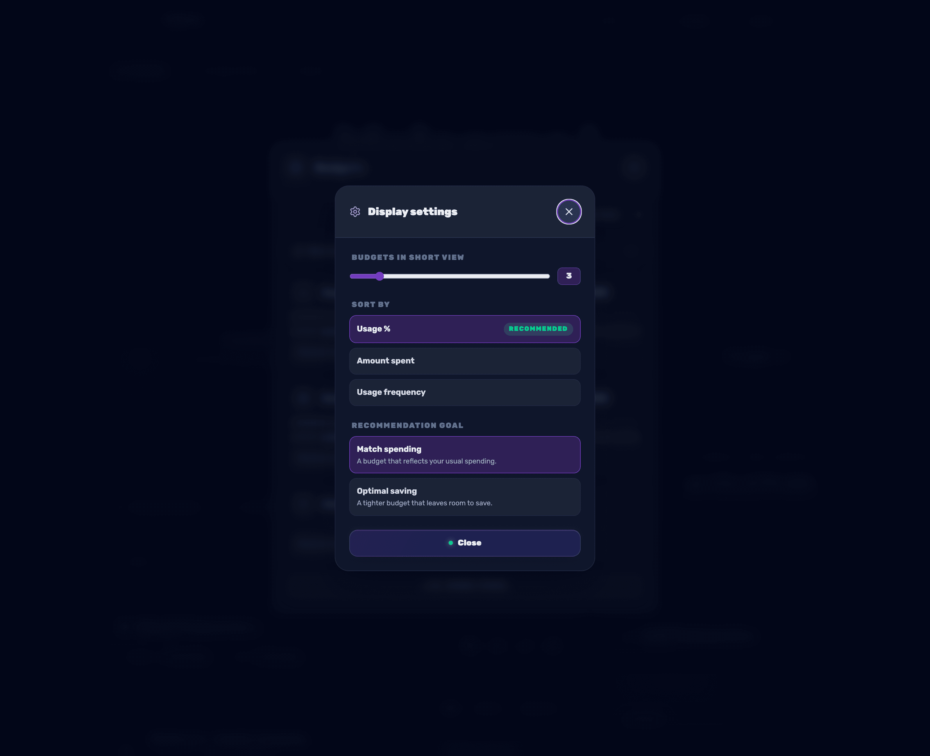 The budget settings window — recommendation goal, sort order, and the number of budgets shown