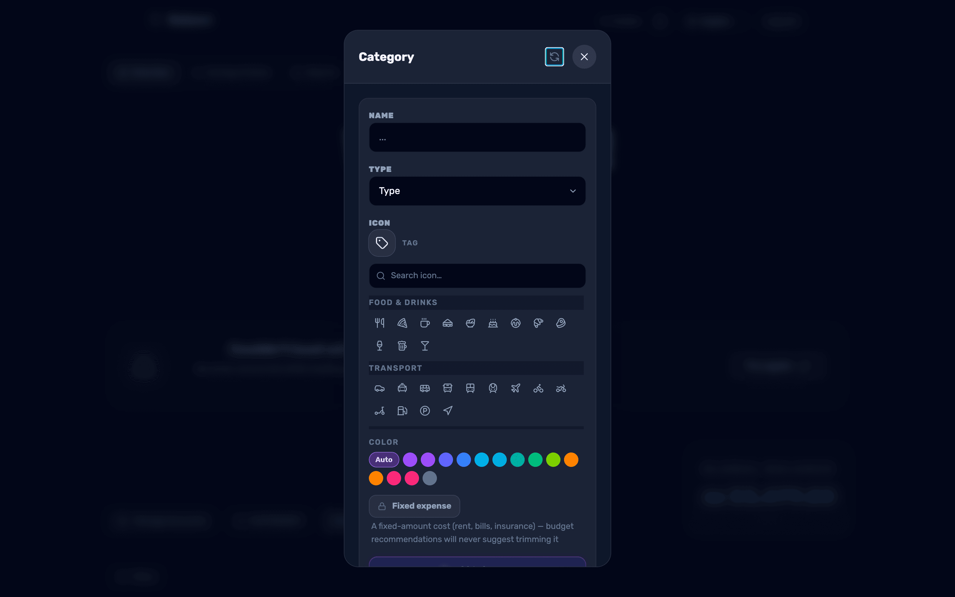The category management window on open — the add-category form and the list of existing categories