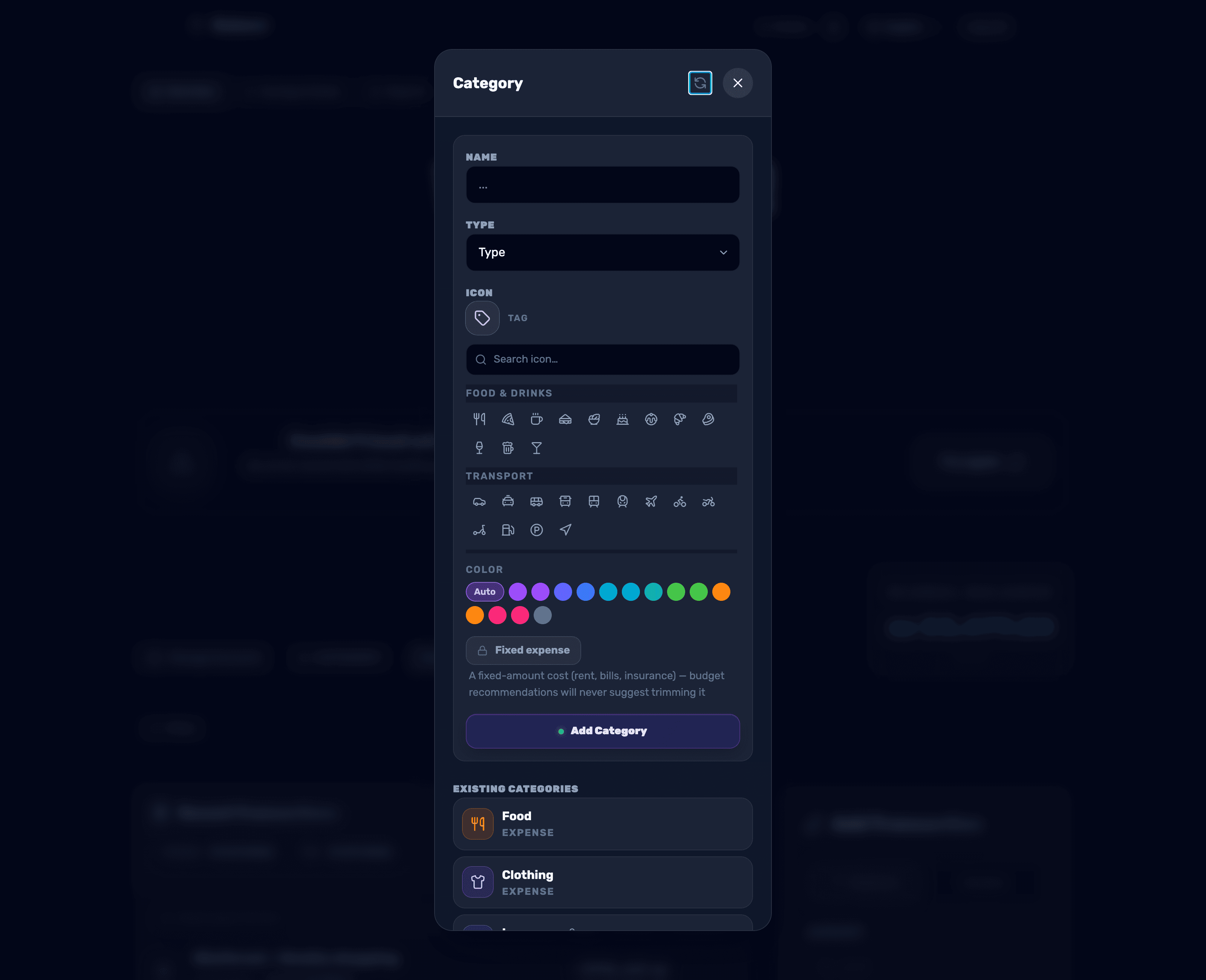 The icon and color picker — ready-made icon groups and the color palette to choose from