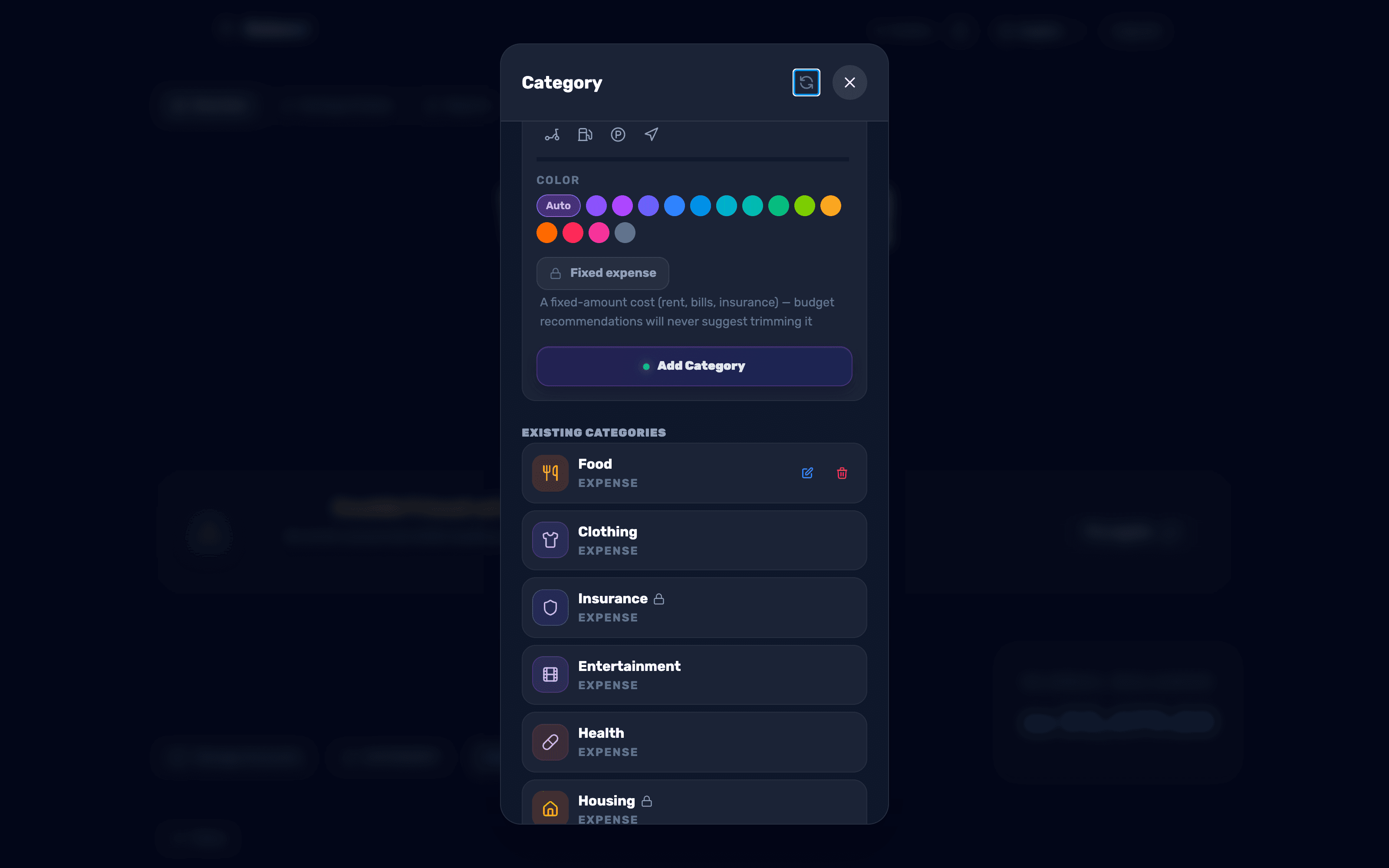 The list of existing categories, with edit and delete icons that appear on hover over each row
