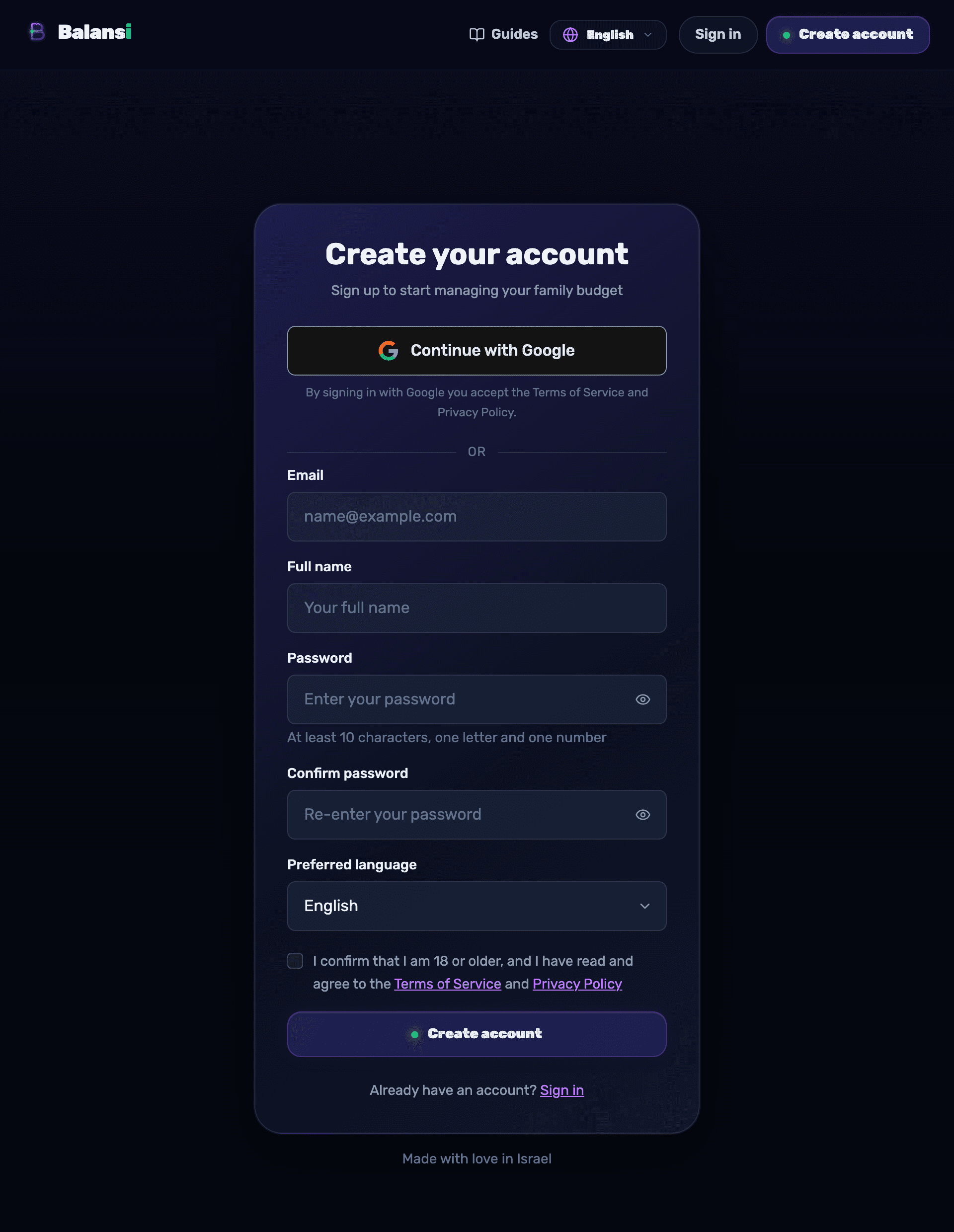 The Balansi sign-up screen — name, email and password fields, and Continue with Google