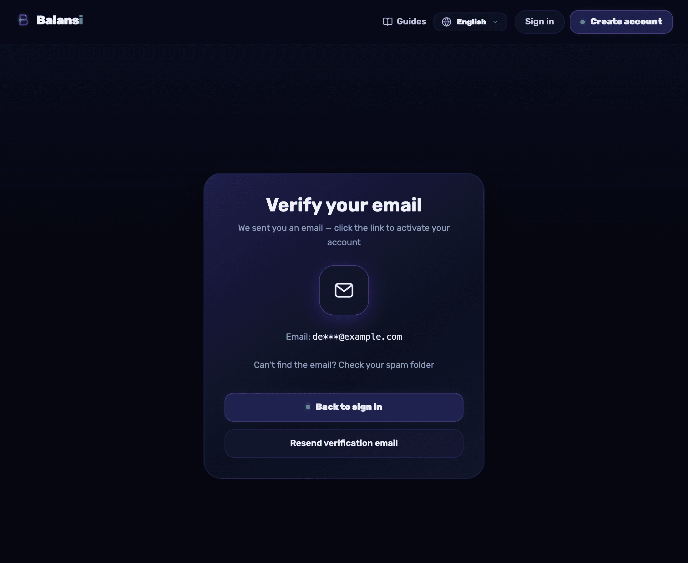 The Balansi verify-email screen asking you to click the link sent to your inbox