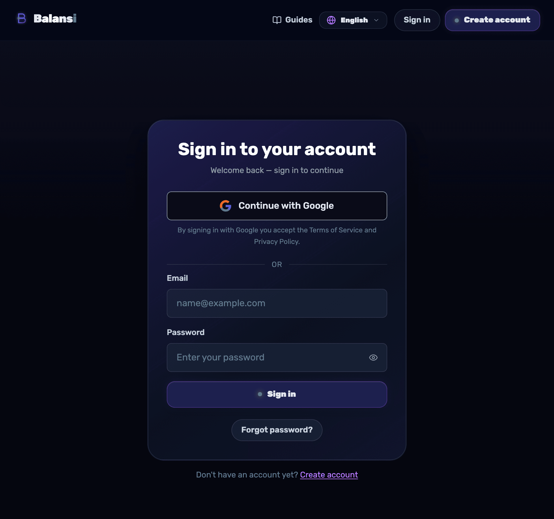 The Balansi login screen — email and password fields and Continue with Google