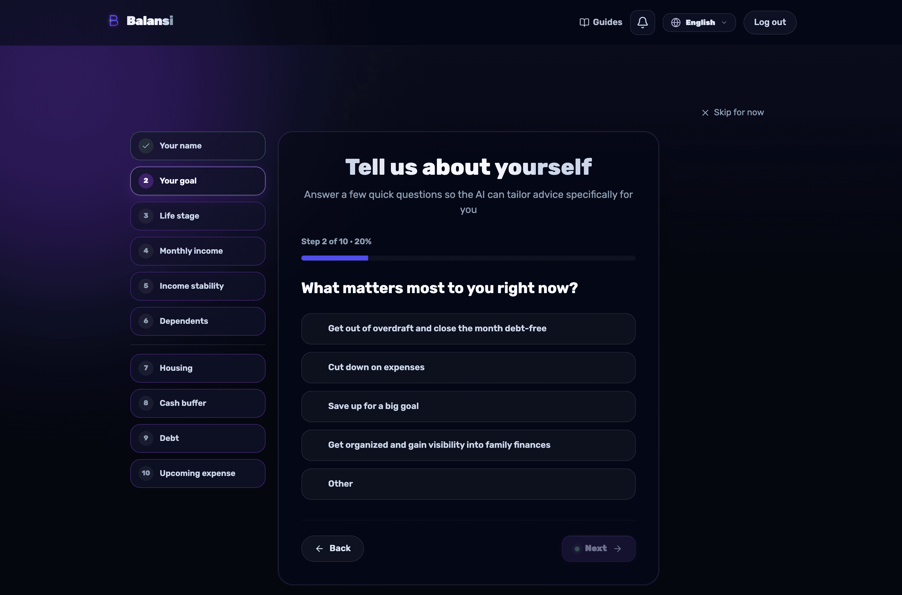 The 'Tell us about yourself' onboarding questionnaire with a progress bar and the first question