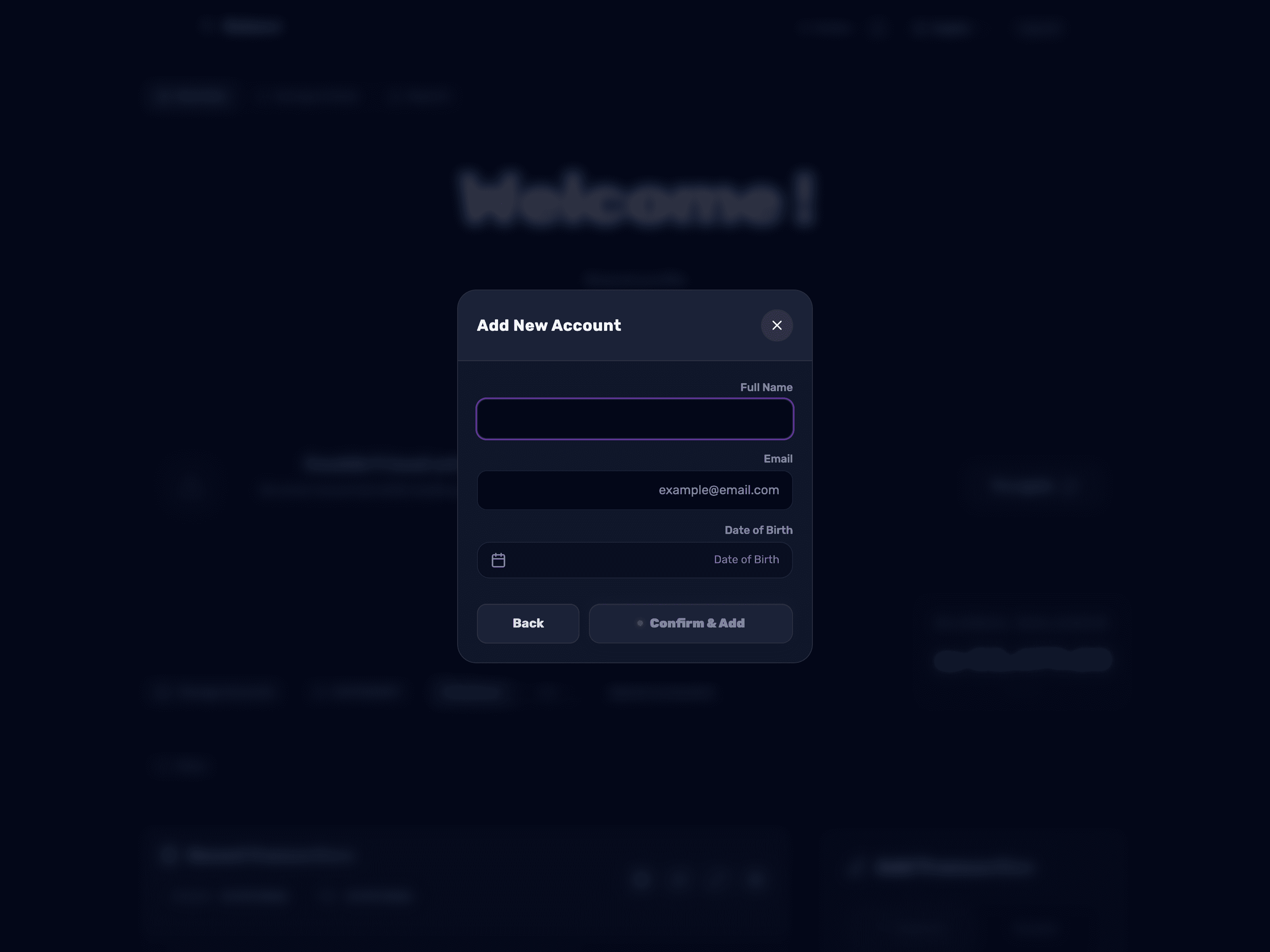 The add-family-member form — full name, email and birth date, with a Confirm and add button
