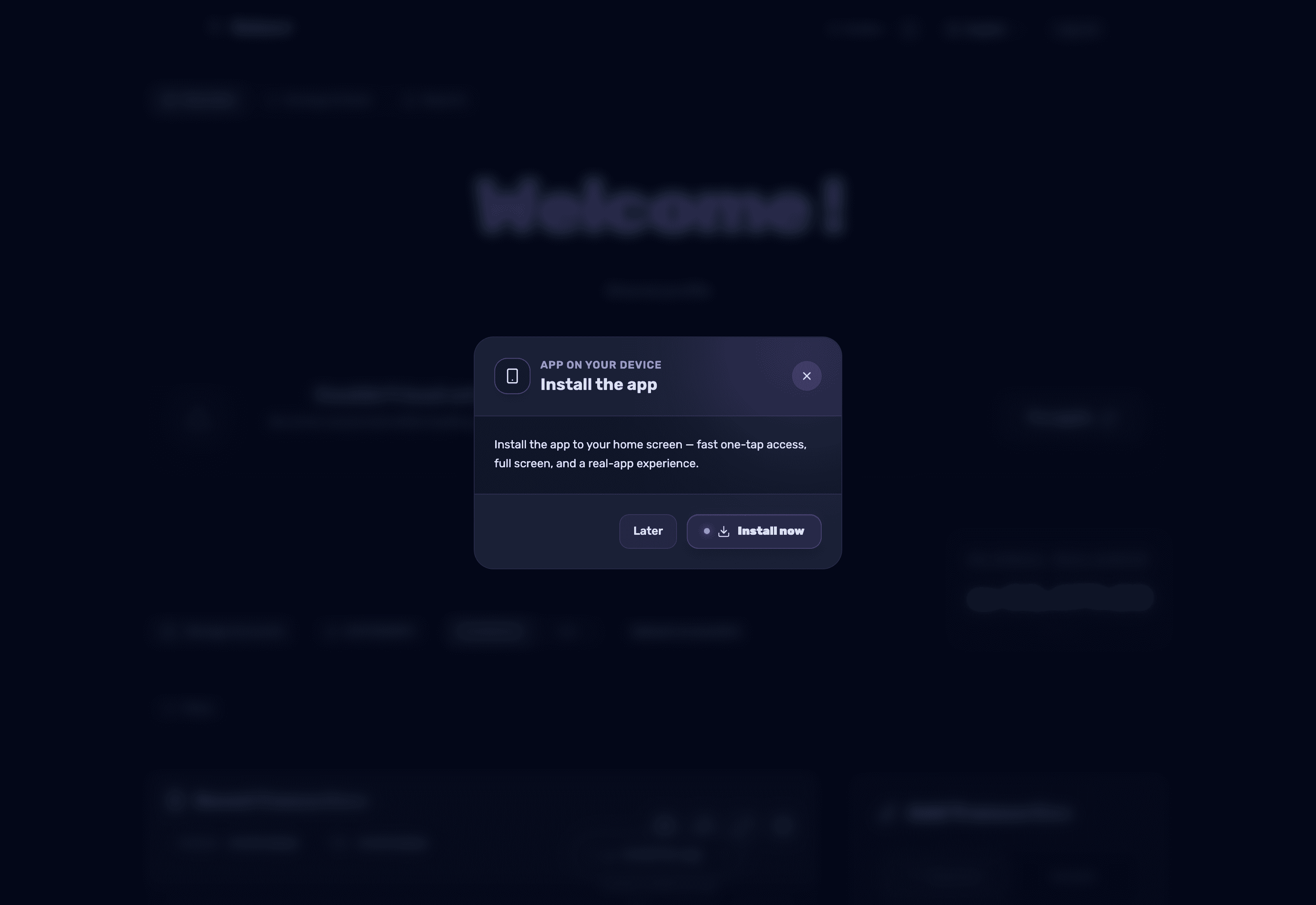 The Android install modal with the Install Now button