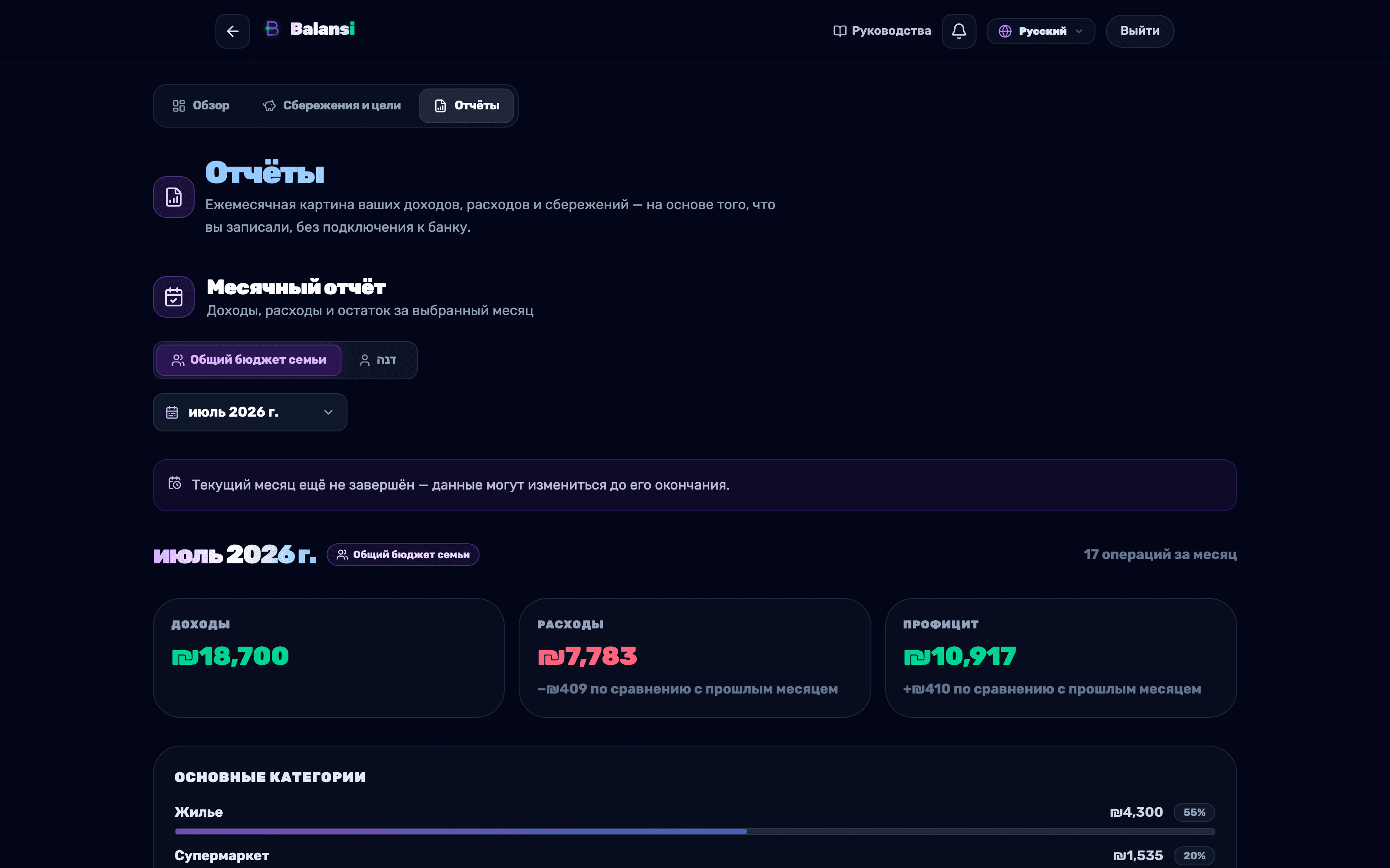 Центр отчётов Balansi с карточками отчётов и переключателем