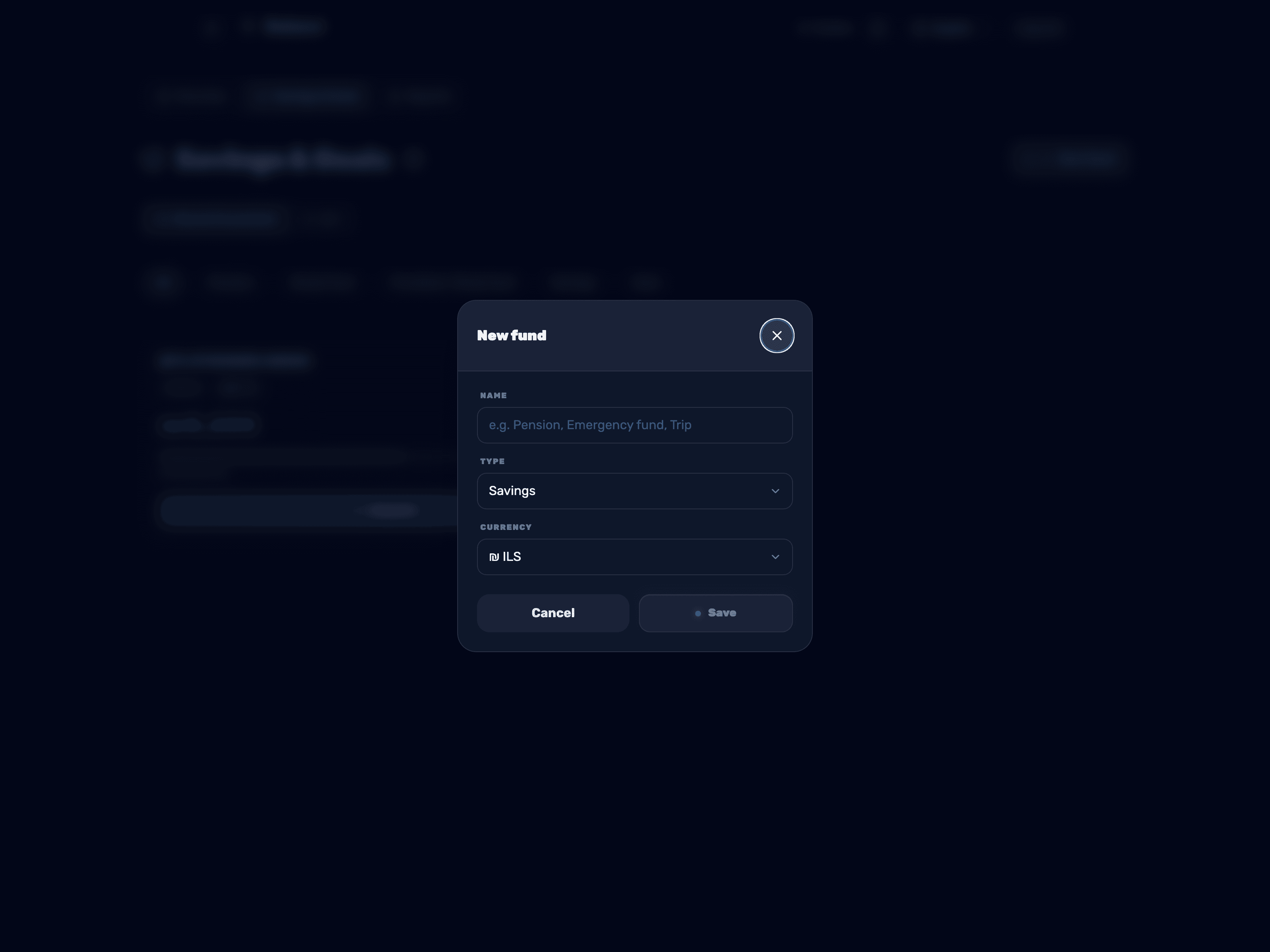 The new fund form with name, type, target, and current value fields