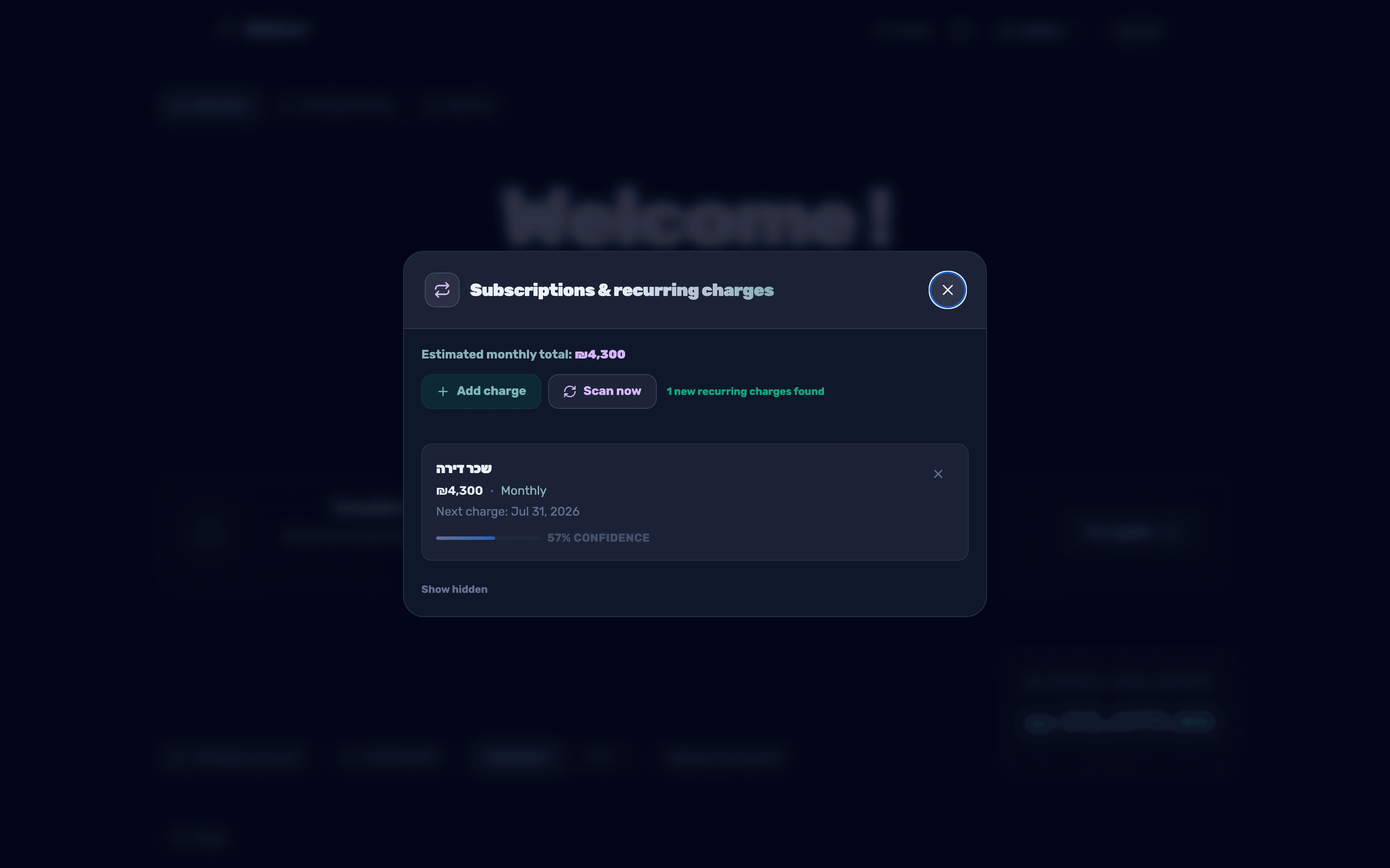 The results after an automatic scan — the estimated monthly total and a detected subscription with a confidence level
