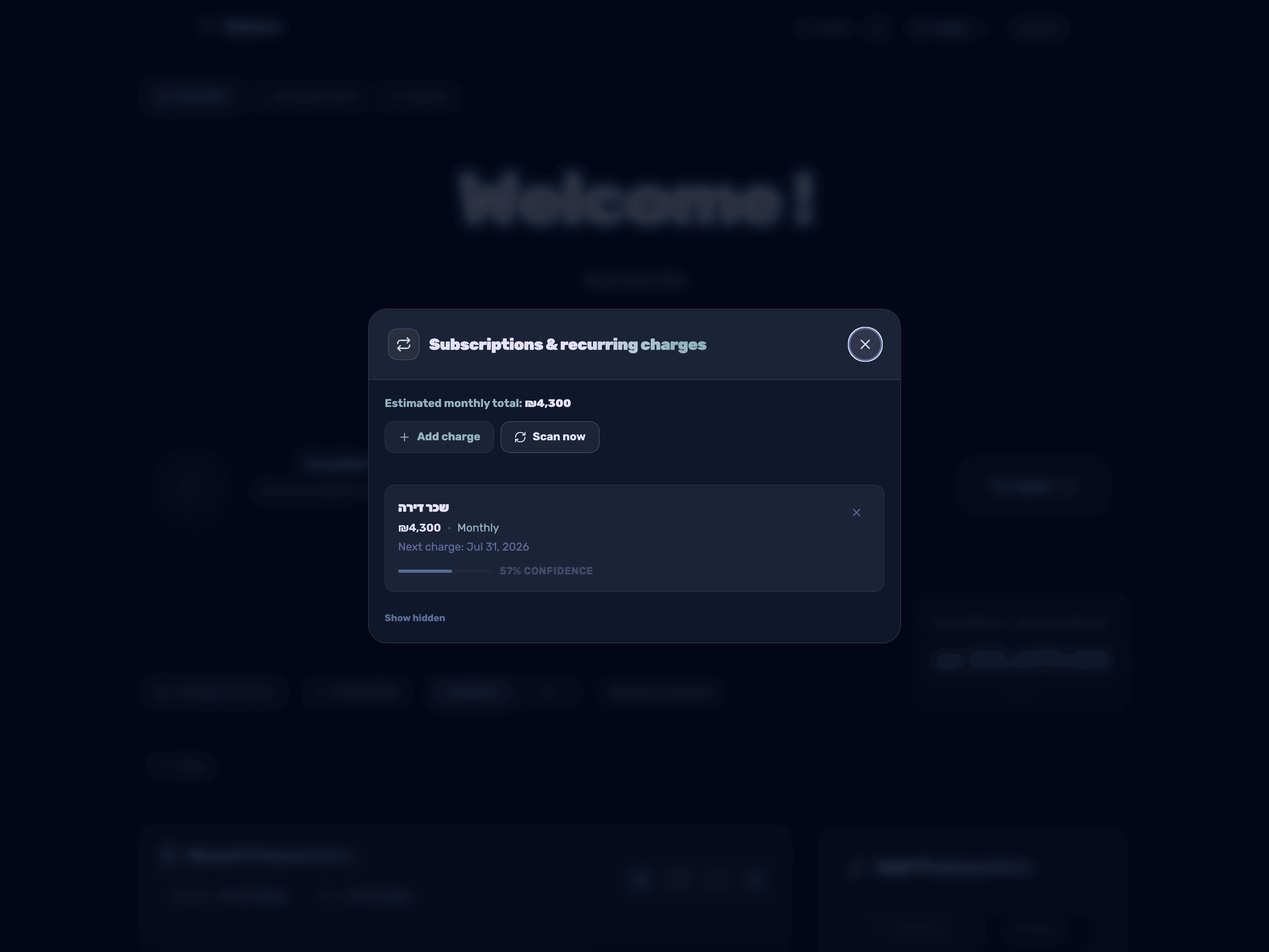 The list of detected subscriptions with frequency, next charge date and tags like a price increase or a possible duplicate