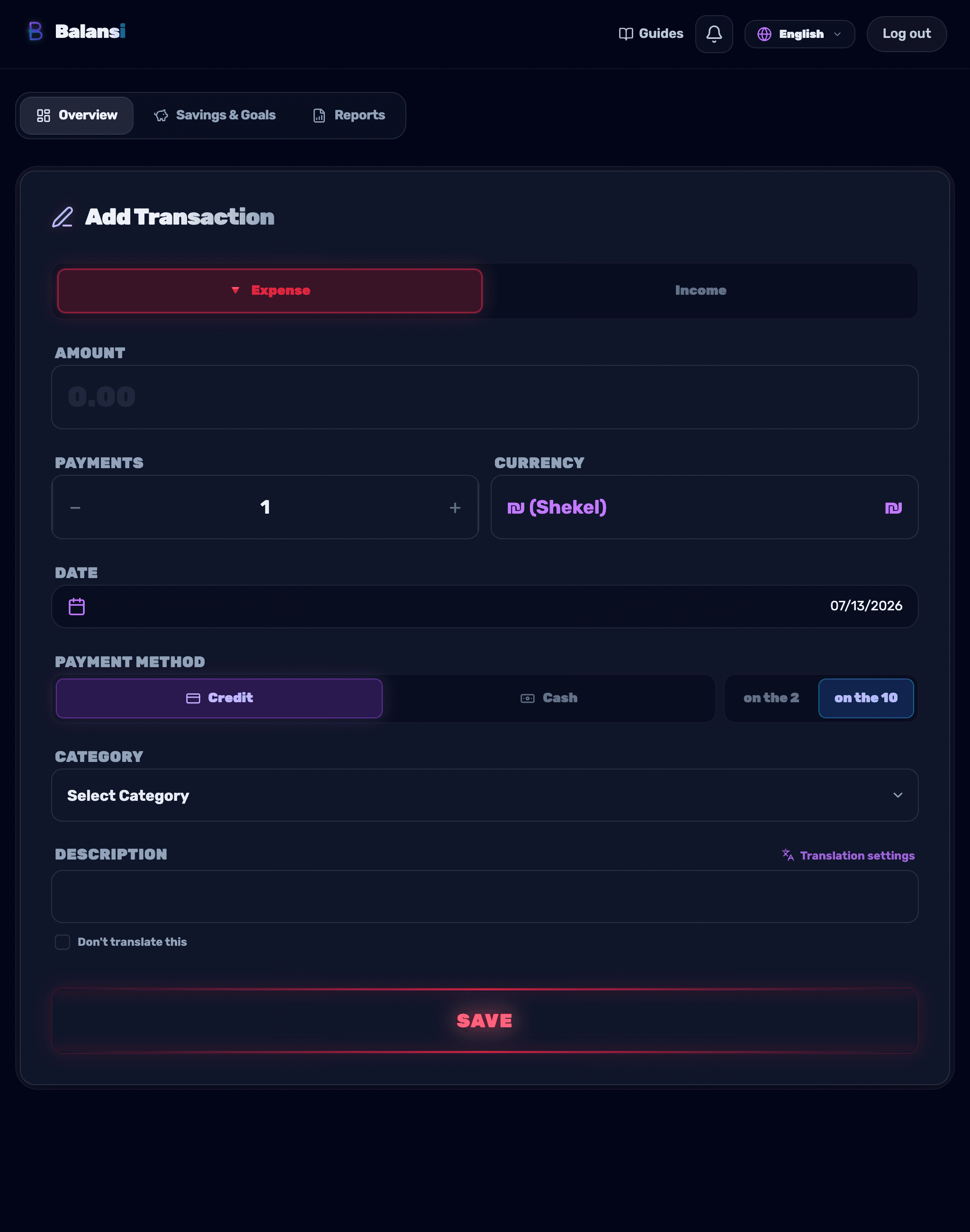 The add-transaction form — type, amount, date, payment method, category and description