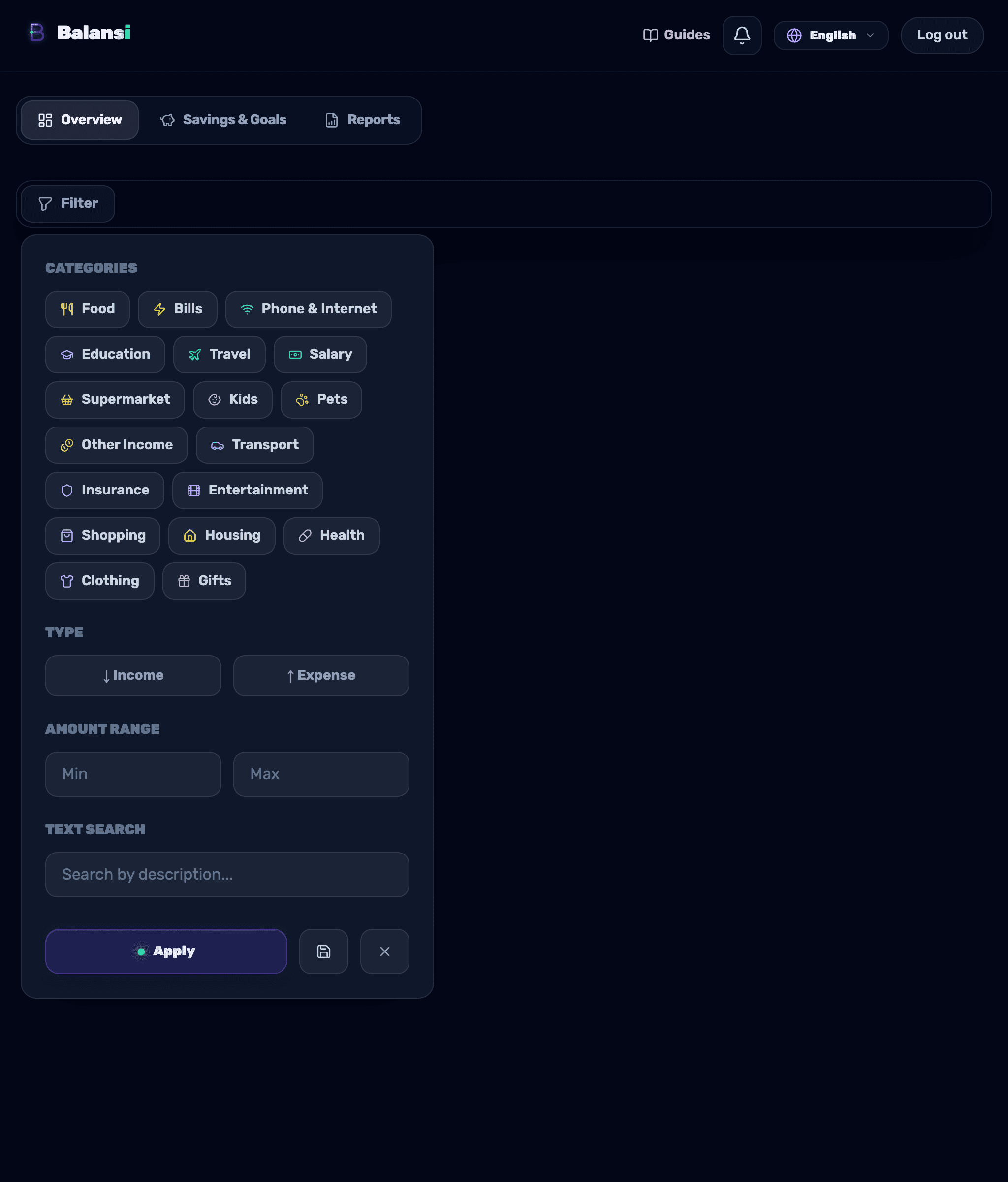 The filter panel — choose categories, type, an amount range and a text search by description