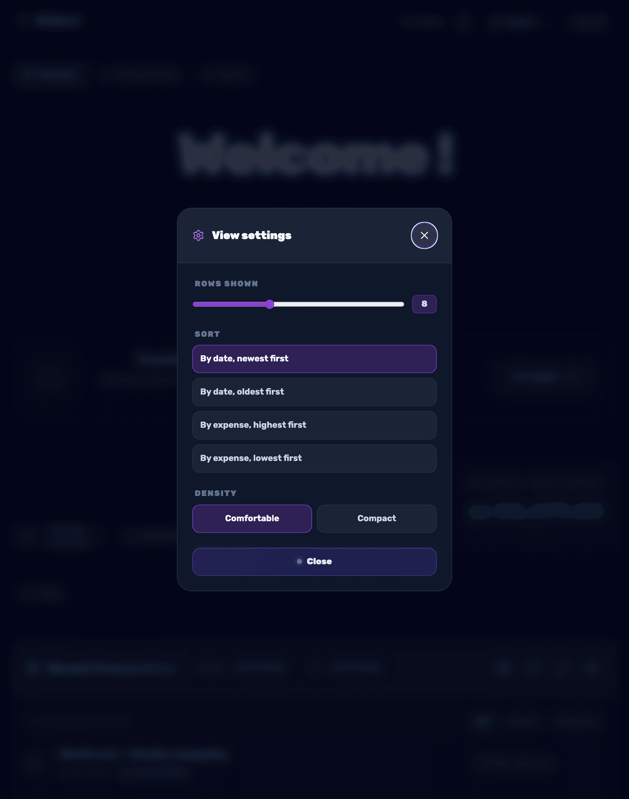 The view-settings panel — sort order, density and the number of rows shown
