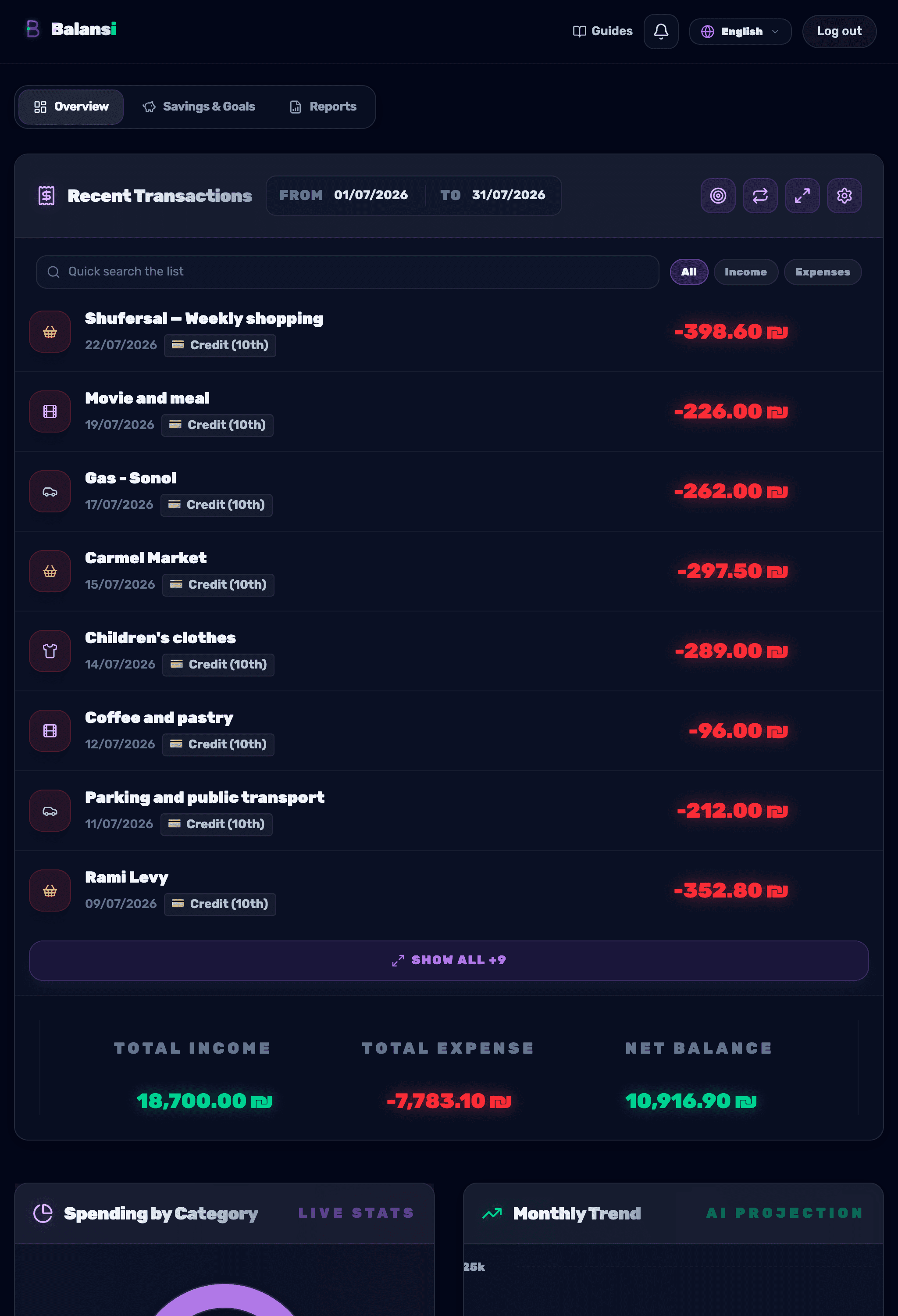 The recent-transactions list with quick search and an All / Income / Expenses filter