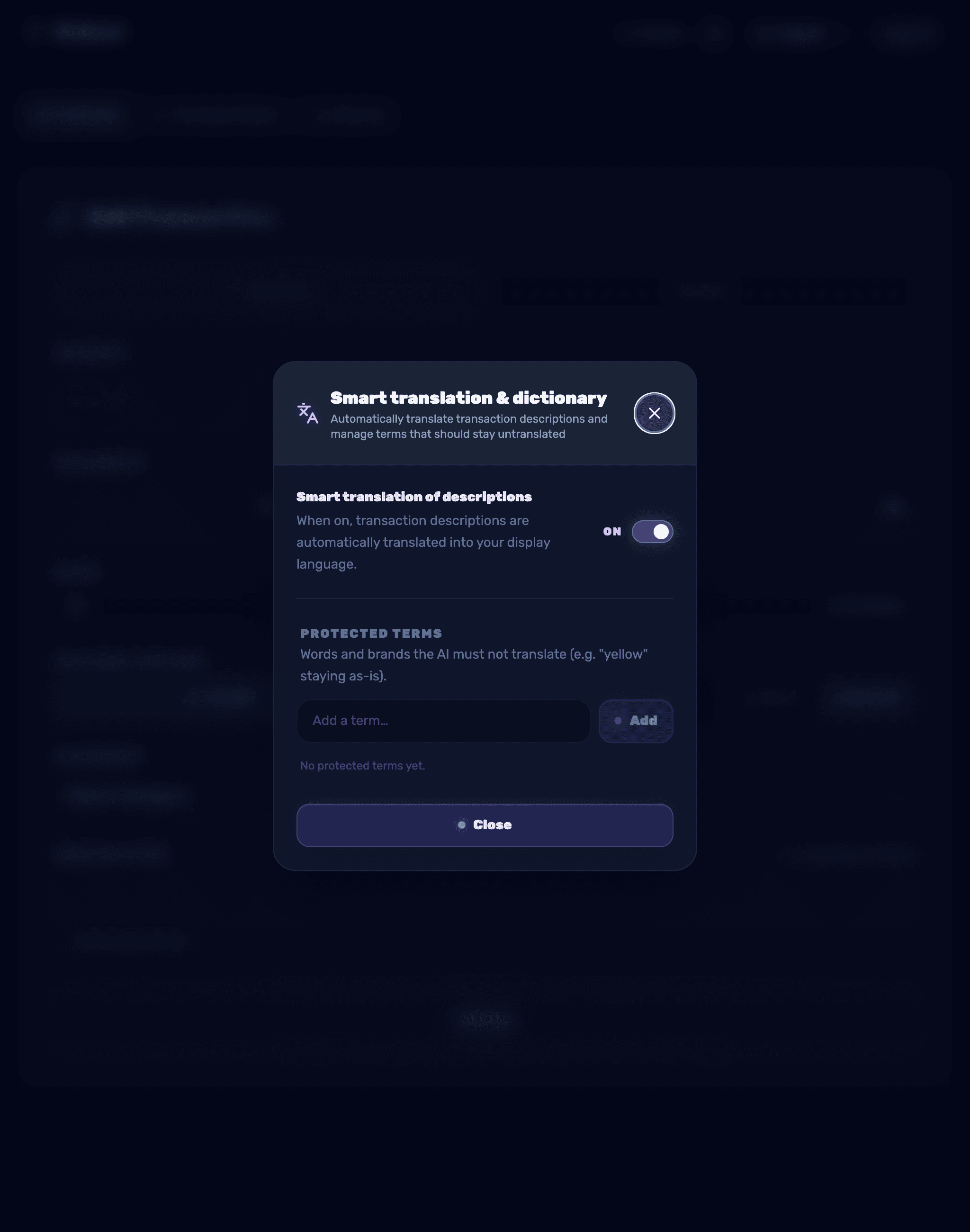 The translation-settings panel — a smart-translation toggle and a dictionary of terms not to translate